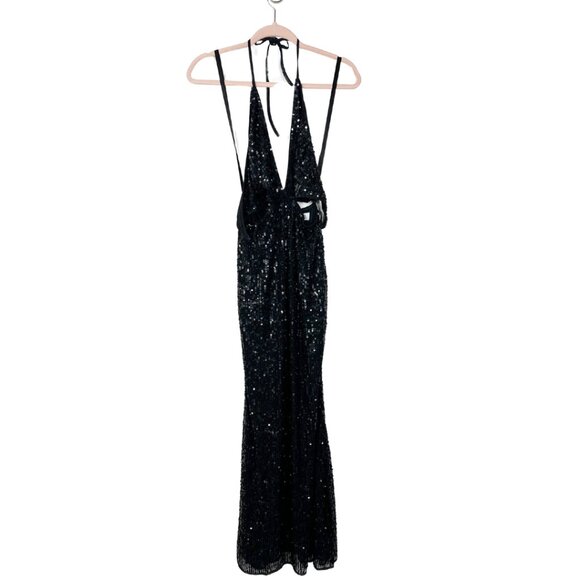 NWT Mac Duggal Silver Cut Out Halter Tie Back Sequin Gown Black 4 #8568 - Picture 3 of 10